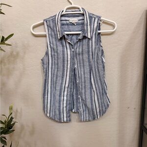 Christopher & Banks Blue and White Sleeveless Stripe Button-Down linen blend